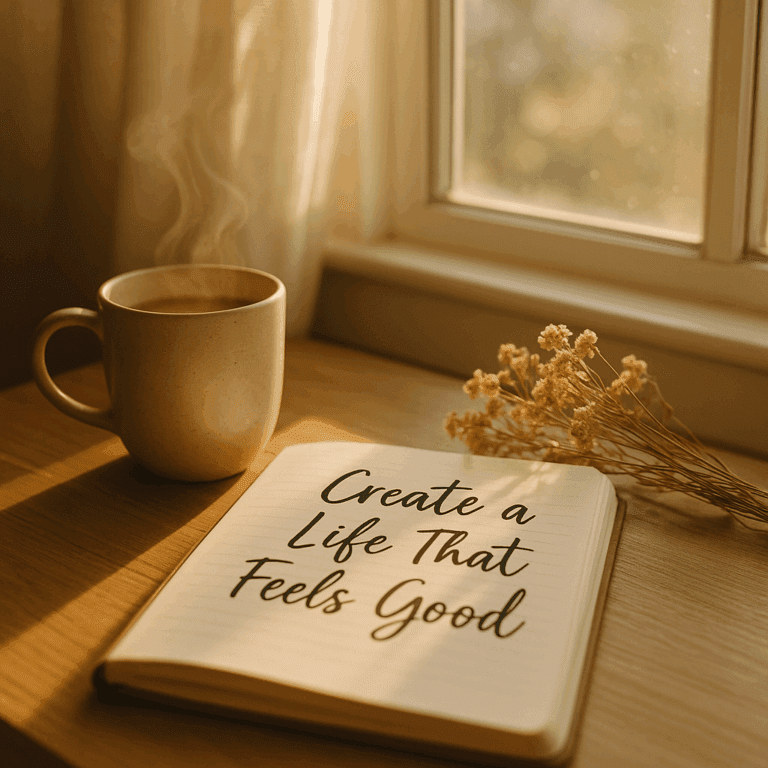 A soft-lit morning with a mug, dried florals, and an open journal that reads “Create a Life That Feels Good”