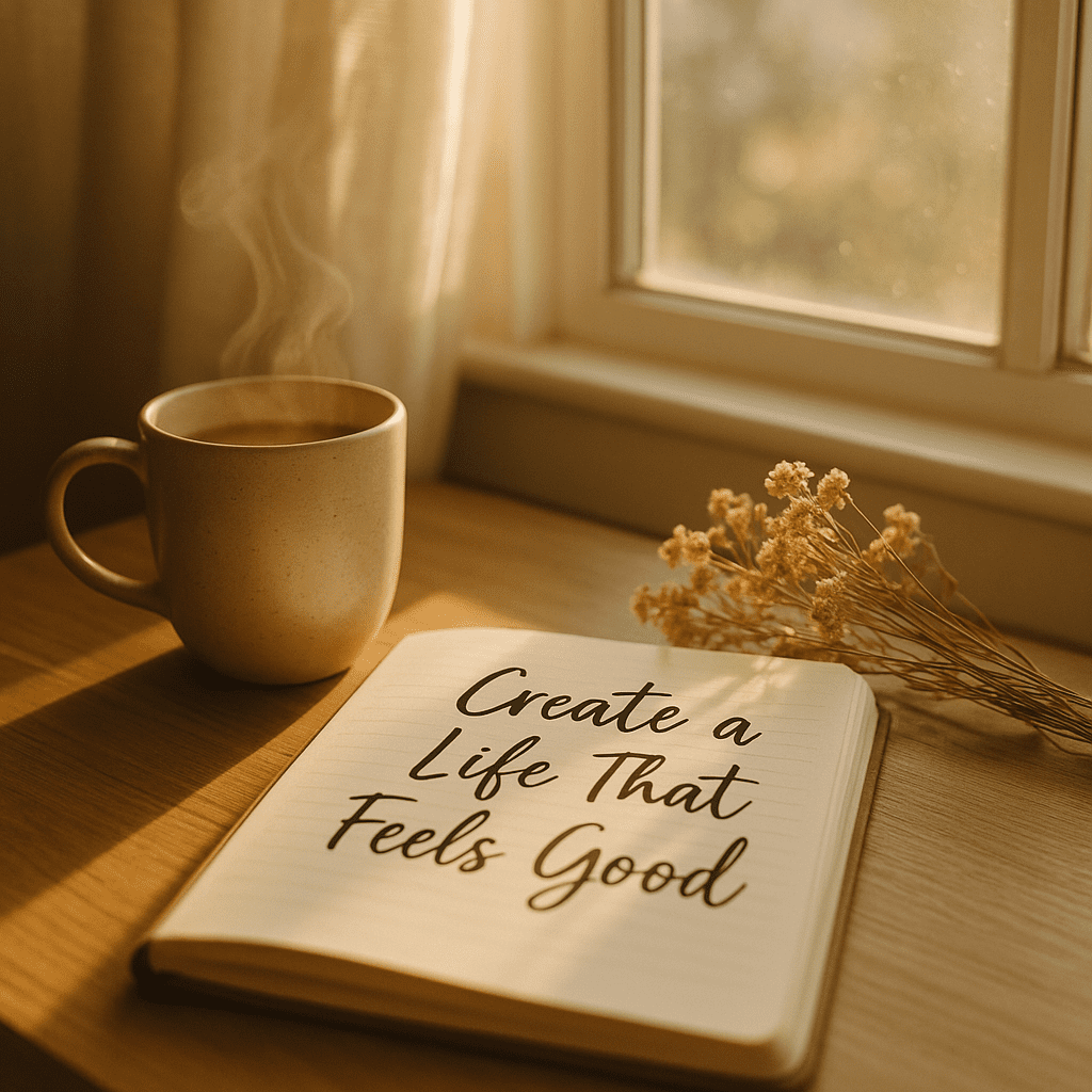 A soft-lit morning with a mug, dried florals, and an open journal that reads “Create a Life That Feels Good”