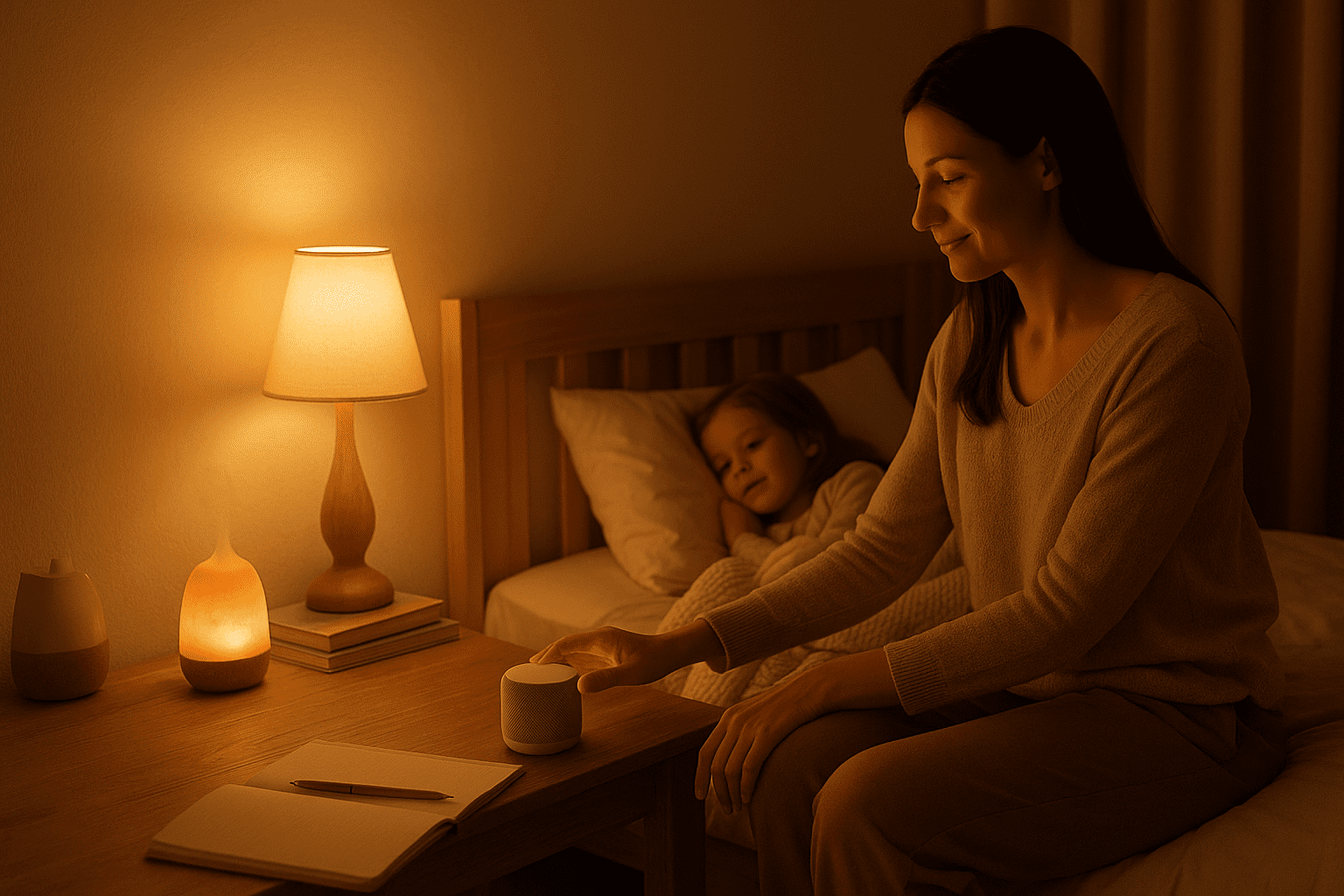 A mother turns on soft music beside her child at bedtime, creating a warm, calming atmosphere in a softly lit bedroom.