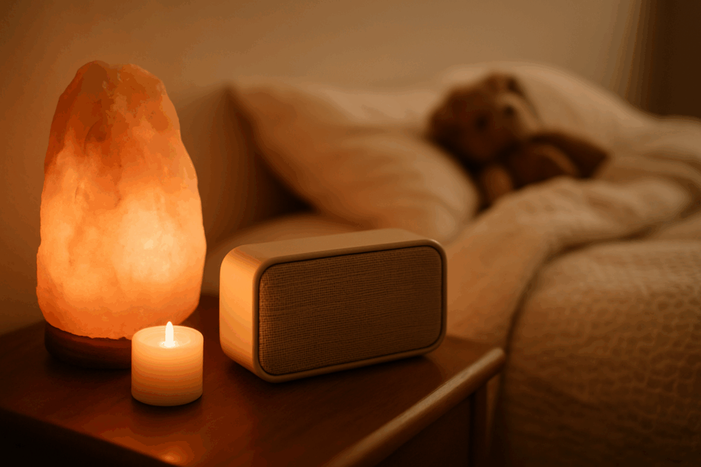 A softly lit bedside table with a glowing salt lamp, a flickering candle, and a fabric-covered Bluetooth speaker. In the background, a cozy bed with neutral bedding and a plush teddy bear adds warmth and calm.