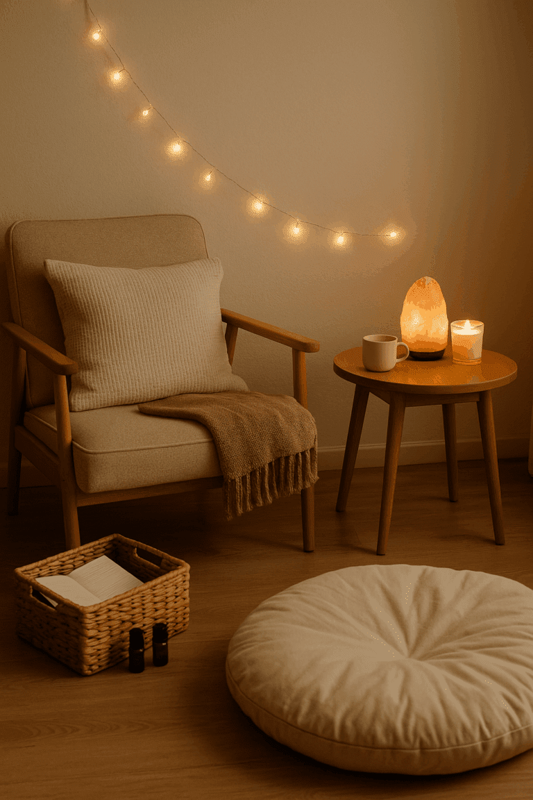 A softly lit corner with a cozy chair, blanket, and a small table holding a glowing salt lamp and journal—designed as a calming space for mindful resets.