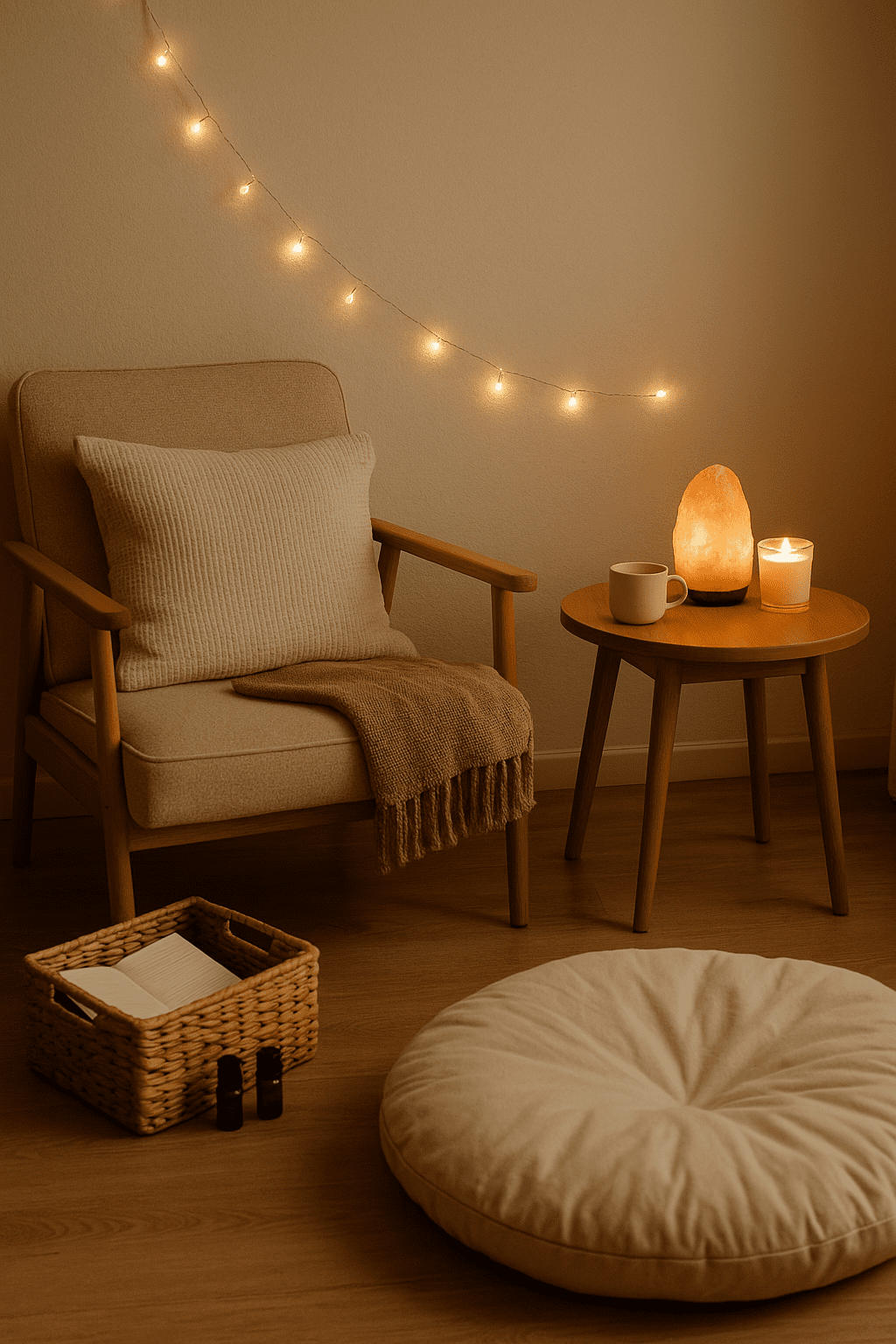 A softly lit corner with a cozy chair, blanket, and a small table holding a glowing salt lamp and journal—designed as a calming space for mindful resets.