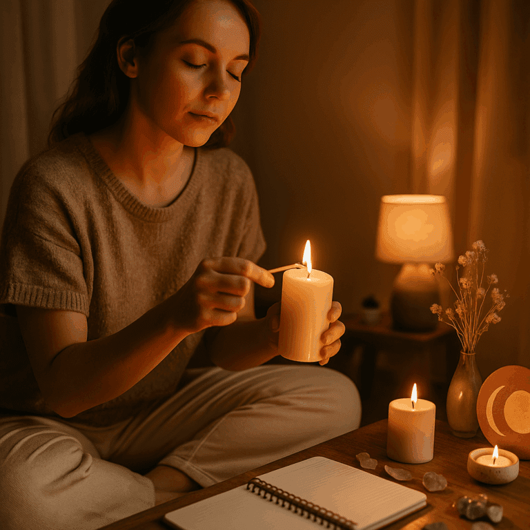 A mother sits peacefully in soft lighting, lighting a candle beside a journal and a few moon-themed items, creating a simple new moon ritual at home.
