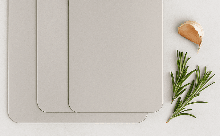 Three sleek titanium cutting boards in small, medium, and large sizes stacked neatly on a light kitchen surface with garlic and rosemary beside them. Text overlay reads: “Why Titanium Cutting Boards Are the Future of Cooking (And Where to Get Them).”