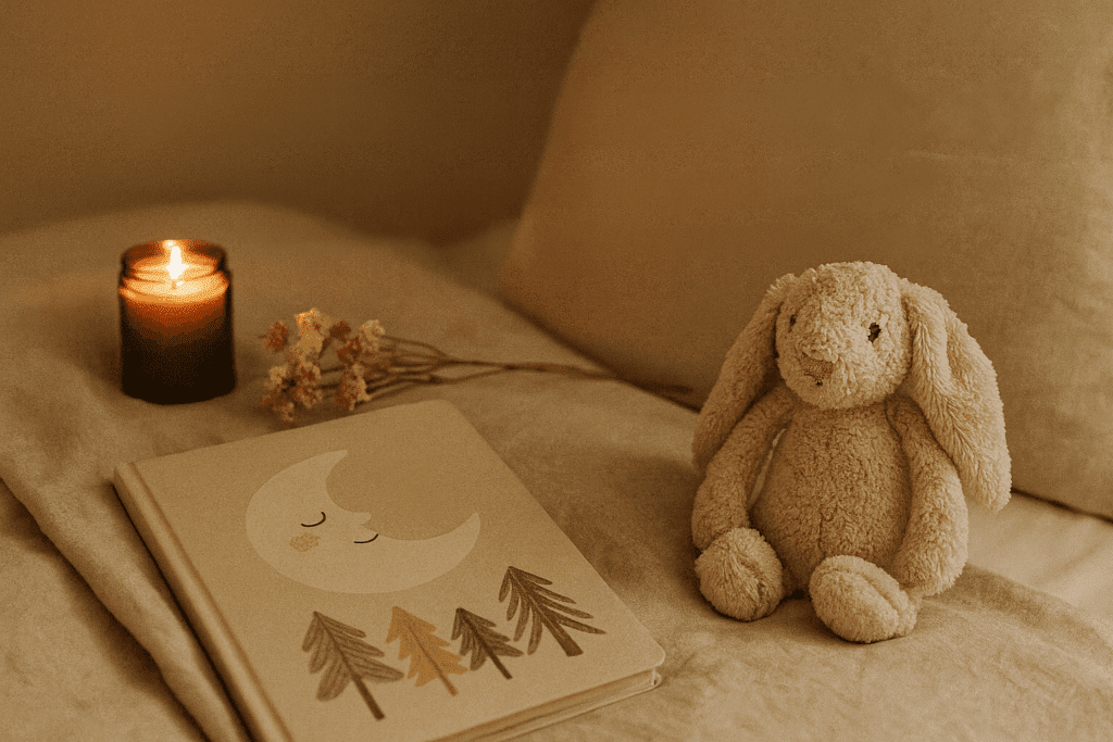 Bedside scene with glowing fairy lights, a book, and warm bedding