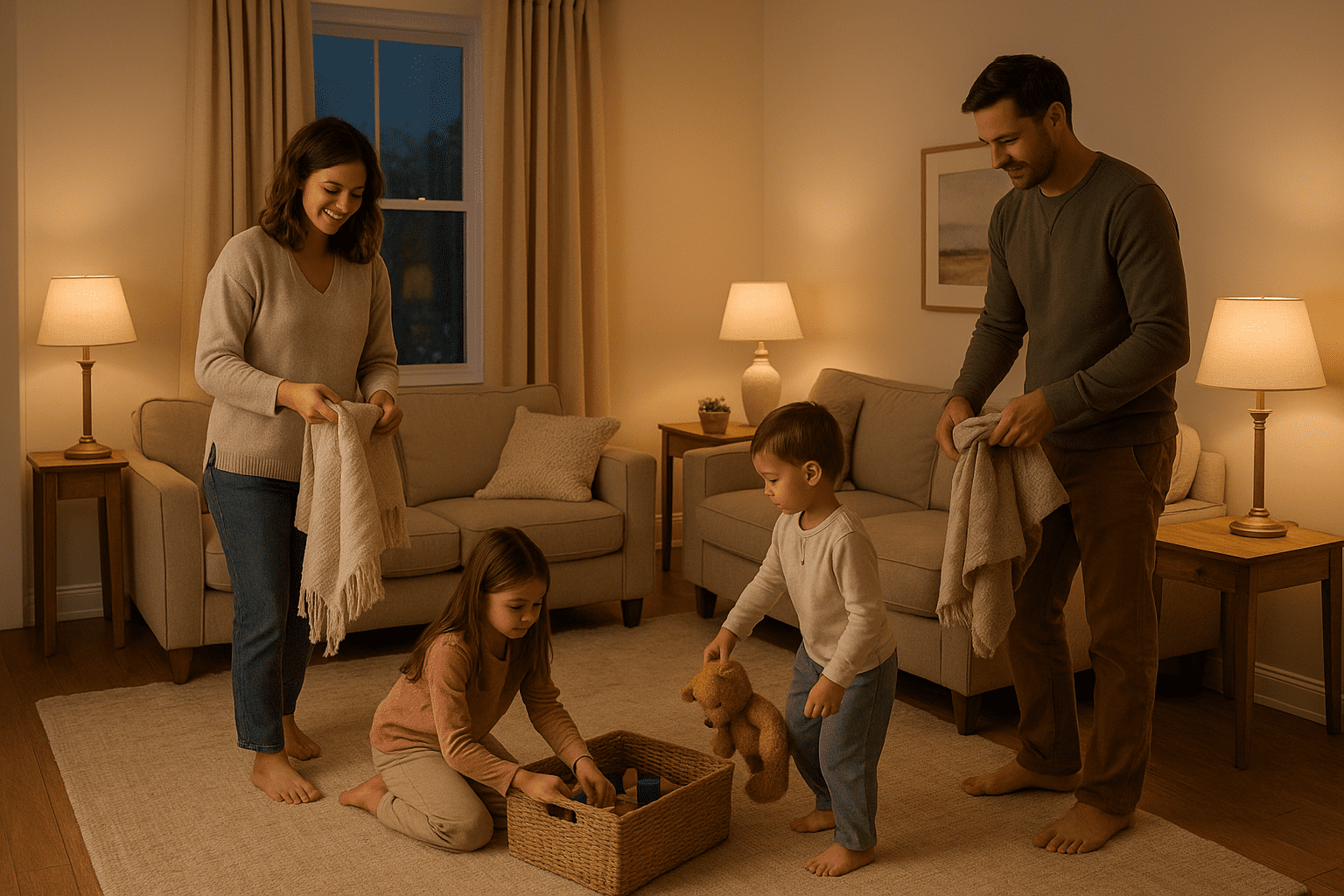 Family tidying a cozy living room together during their evening reset routine, creating a calm bedtime atmosphere.