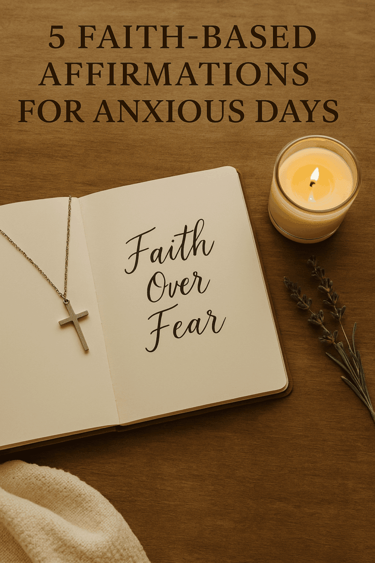 Open journal with the words “Faith Over Fear,” cross necklace, candle, and lavender, creating a calm and faith-centered atmosphere for managing anxious days.