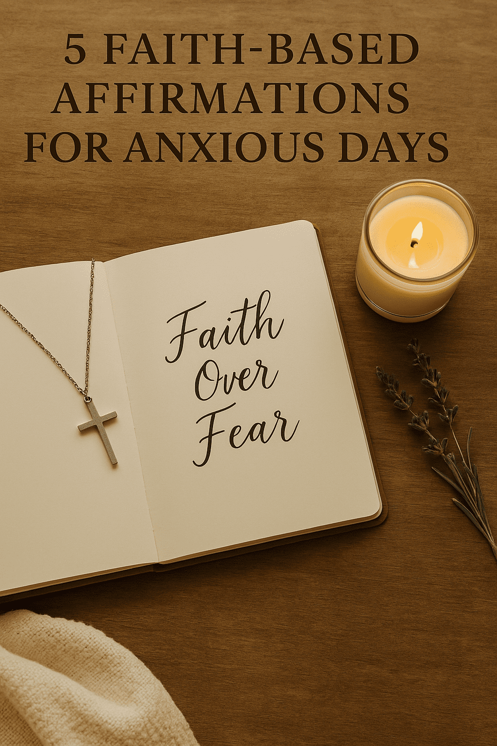 Open journal with the words “Faith Over Fear,” cross necklace, candle, and lavender, creating a calm and faith-centered atmosphere for managing anxious days.