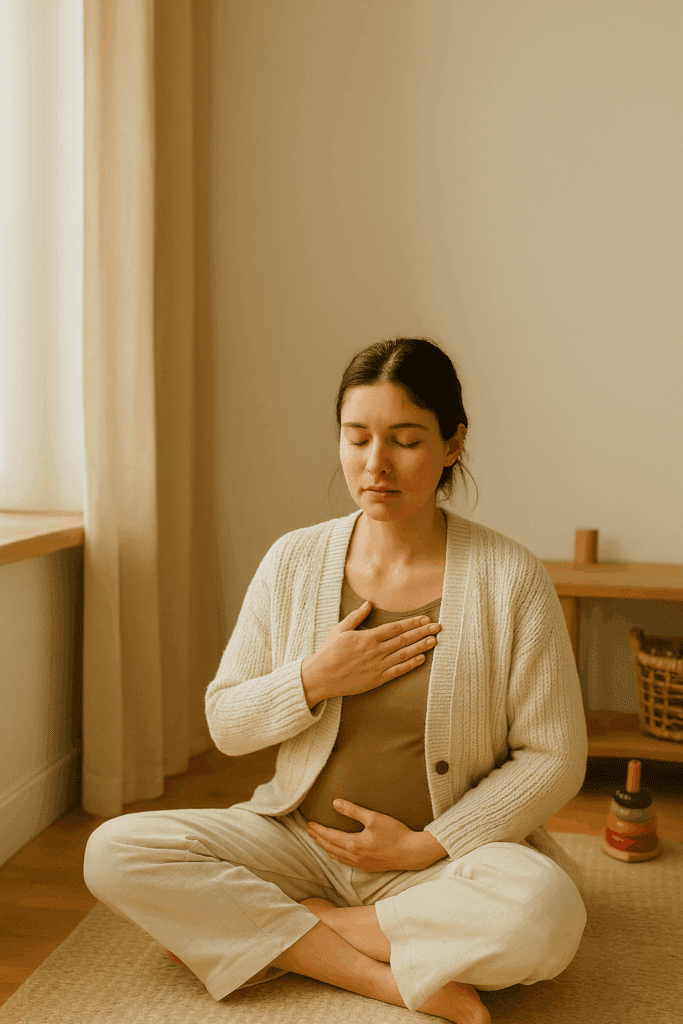 A young mother sits cross-legged on a cozy beige rug in a softly lit room, one hand over her heart and the other on her abdomen, practicing a calming mindfulness exercise.