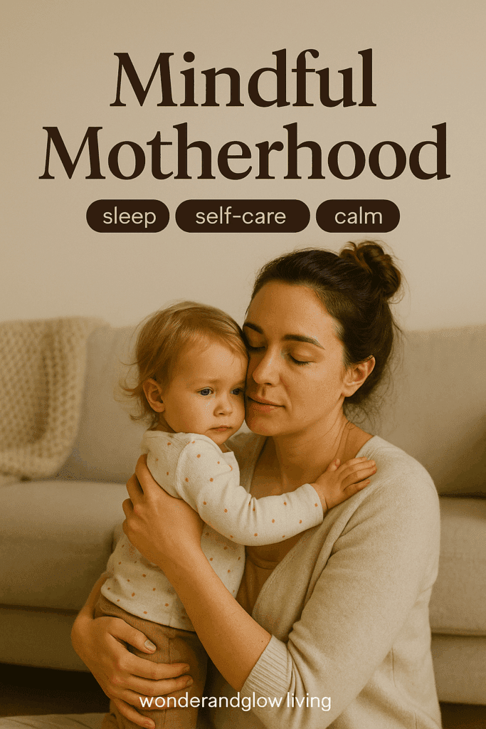 A serene mother gently holds her young daughter in a sunlit living room, both appearing calm and emotionally connected.