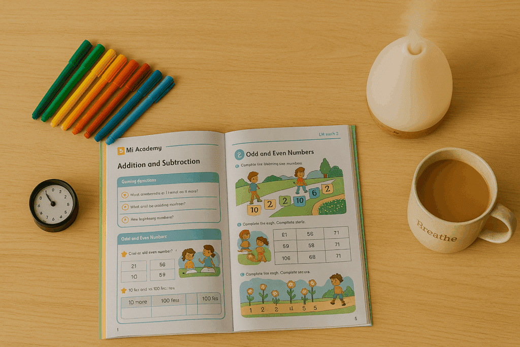 Flat lay of MI Academy workbook, markers, diffuser, and warm drink on a homeschool table, styled for a peaceful morning.