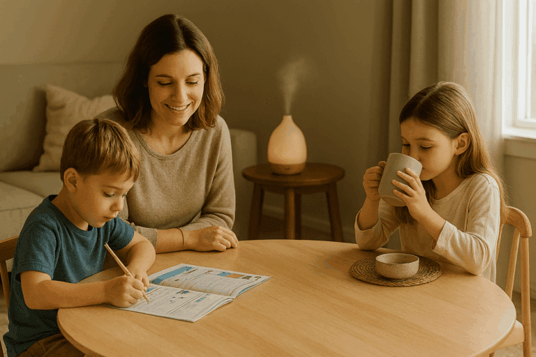 Cozy homeschool morning with mom and two kids using workbooks and warm drinks, peaceful vibe with soft light and diffuser.