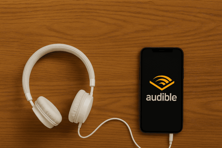White headphones and smartphone showing Audible app on a wooden surface.