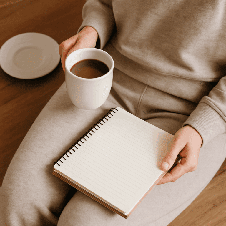 A person in beige loungewear holding a cup of coffee and a notebook on their lap.