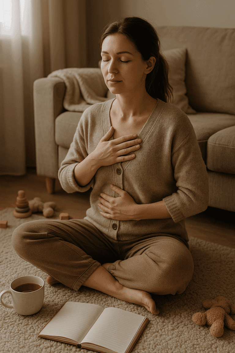 A young mother sits cross-legged on a soft rug in a warmly lit living room, eyes closed and hands resting on her chest and belly as she practices a grounding exercise. Nearby are a mug of tea, an open journal, and children’s toys.