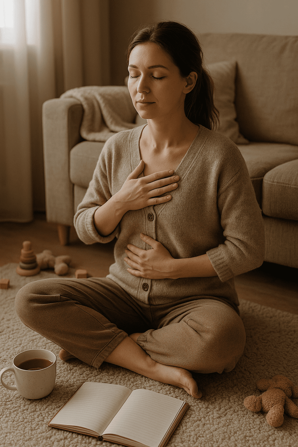 A young mother sits cross-legged on a soft rug in a warmly lit living room, eyes closed and hands resting on her chest and belly as she practices a grounding exercise. Nearby are a mug of tea, an open journal, and children’s toys.