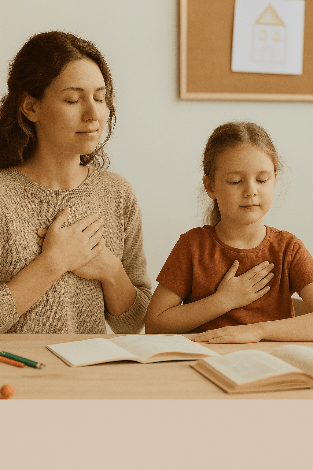 A calm and cozy homeschool scene featuring a mother and young daughter sitting at a table, both with their hands over their hearts and eyes closed, practicing a grounding morning reset. Open books and a warm mug sit on the table, with soft natural light filling the space.