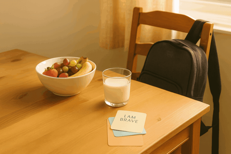 Cozy breakfast table with fruit, milk, and affirmation cards, with a backpack nearby.