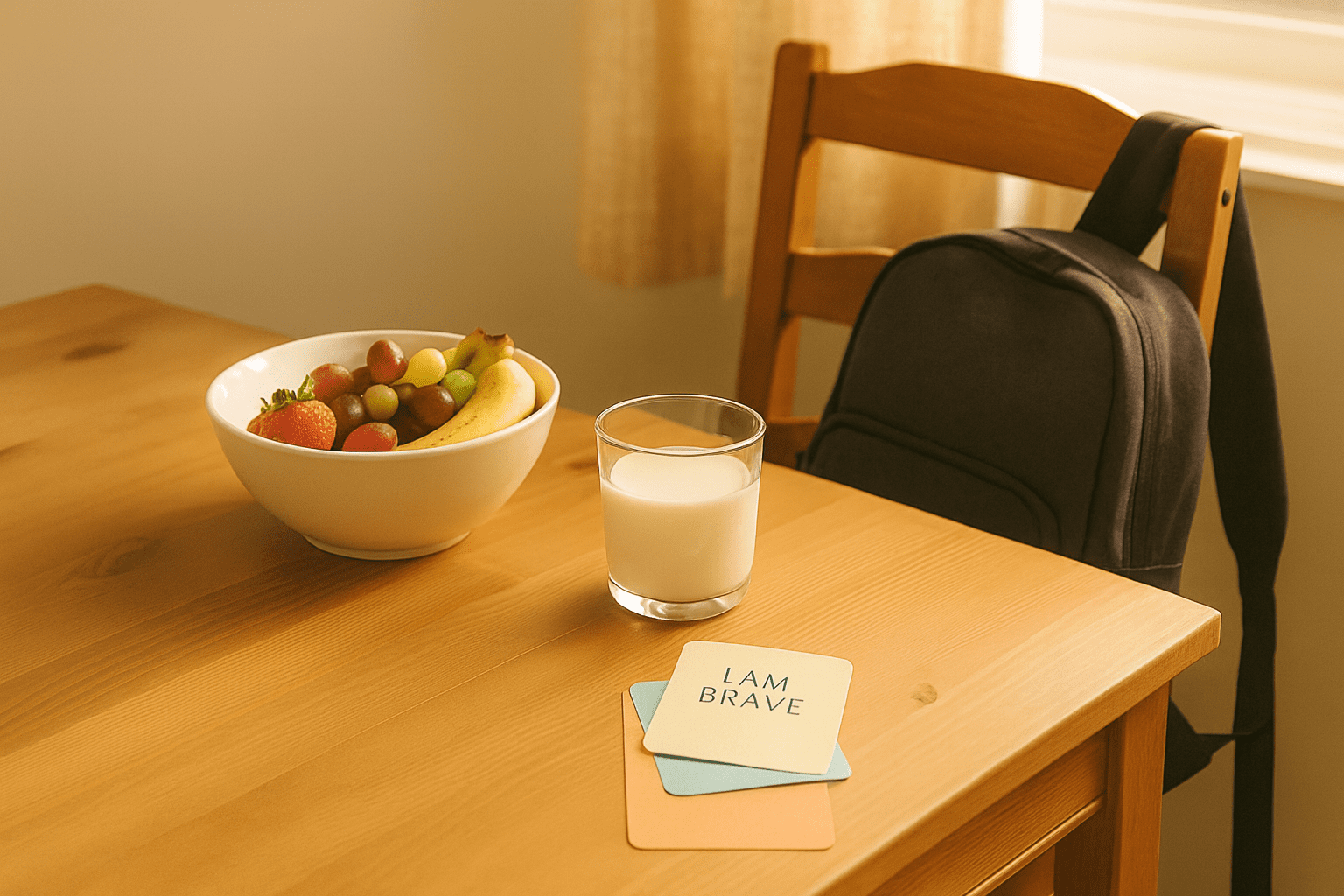 Cozy breakfast table with fruit, milk, and affirmation cards, with a backpack nearby.
