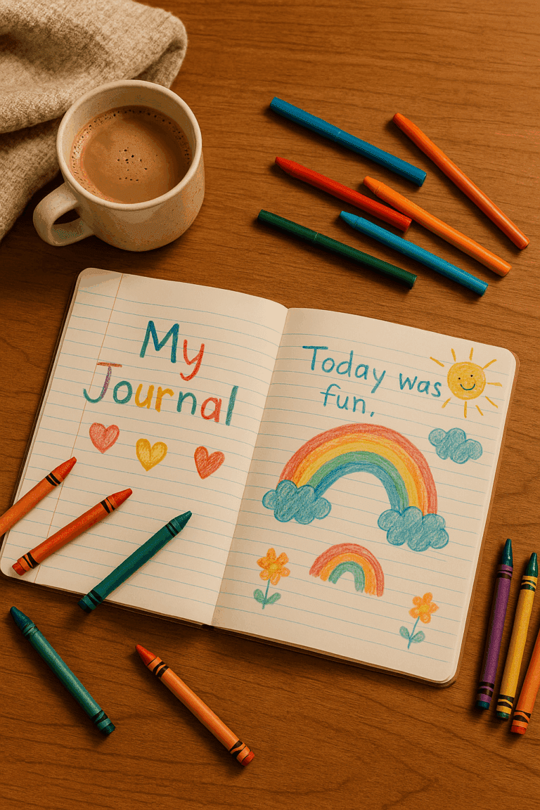 Open children’s journal with doodles, surrounded by crayons, markers, and a cup of hot cocoa in cozy natural light.