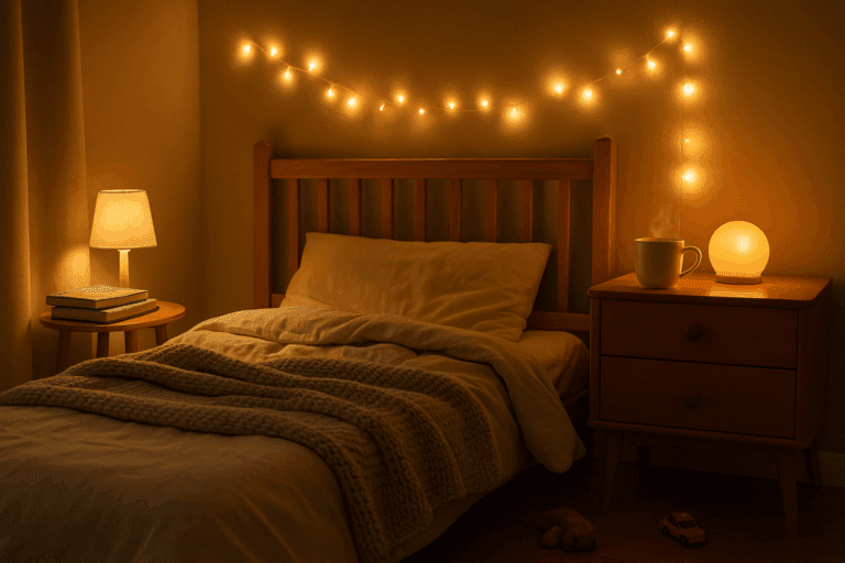Cozy kids’ bedroom with fairy lights and storybooks, creating a calming bedtime vibe.