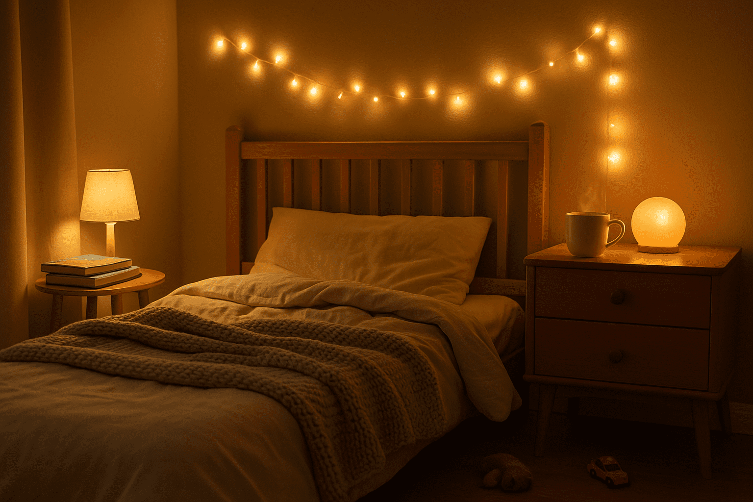 Cozy kids’ bedroom with fairy lights and storybooks, creating a calming bedtime vibe.