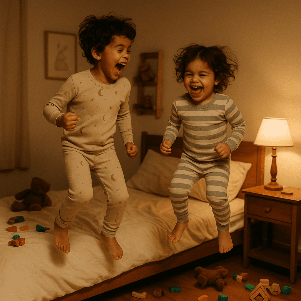 Kids laughing and jumping on a bed before bedtime, showing playful chaos.