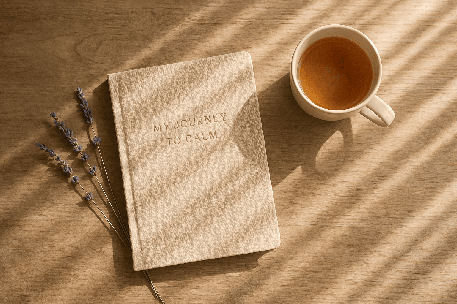 An open journal with lavender and tea, symbolizing calm beginnings.