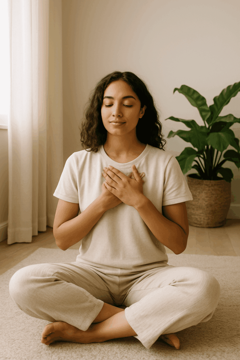 Woman practicing affirmations with hand on heart, calm and grounded.