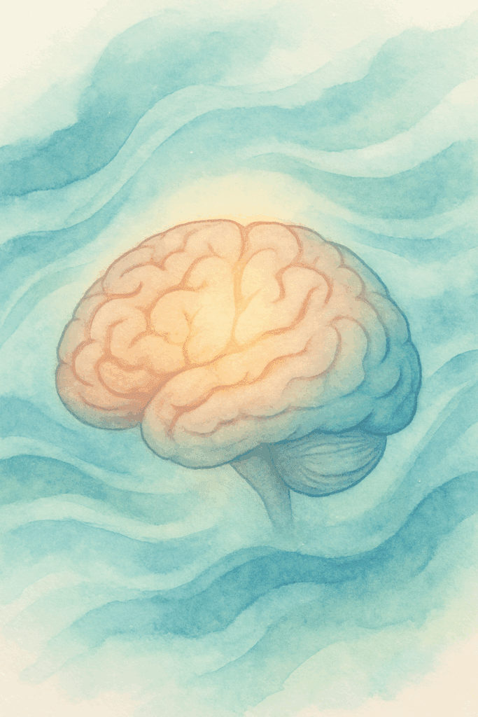 Artistic brain glowing with calm energy waves.