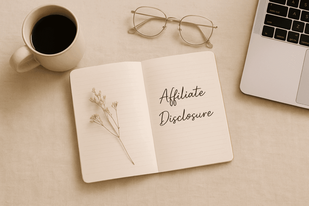 A soft, neutral flat lay showing a ceramic coffee mug, open notebook labeled “Affiliate Disclosure,” dried flowers, eyeglasses, and a laptop on a beige linen surface in warm natural light.