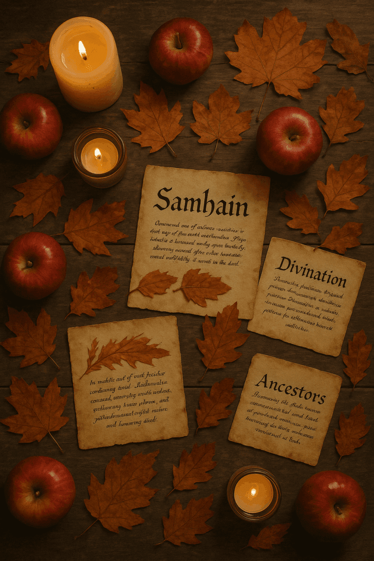 Flat lay of autumn leaves, candles, apples, and handwritten notes arranged on a wooden table as a simple Samhain altar, symbolizing gratitude, reflection, and ancestral honoring.