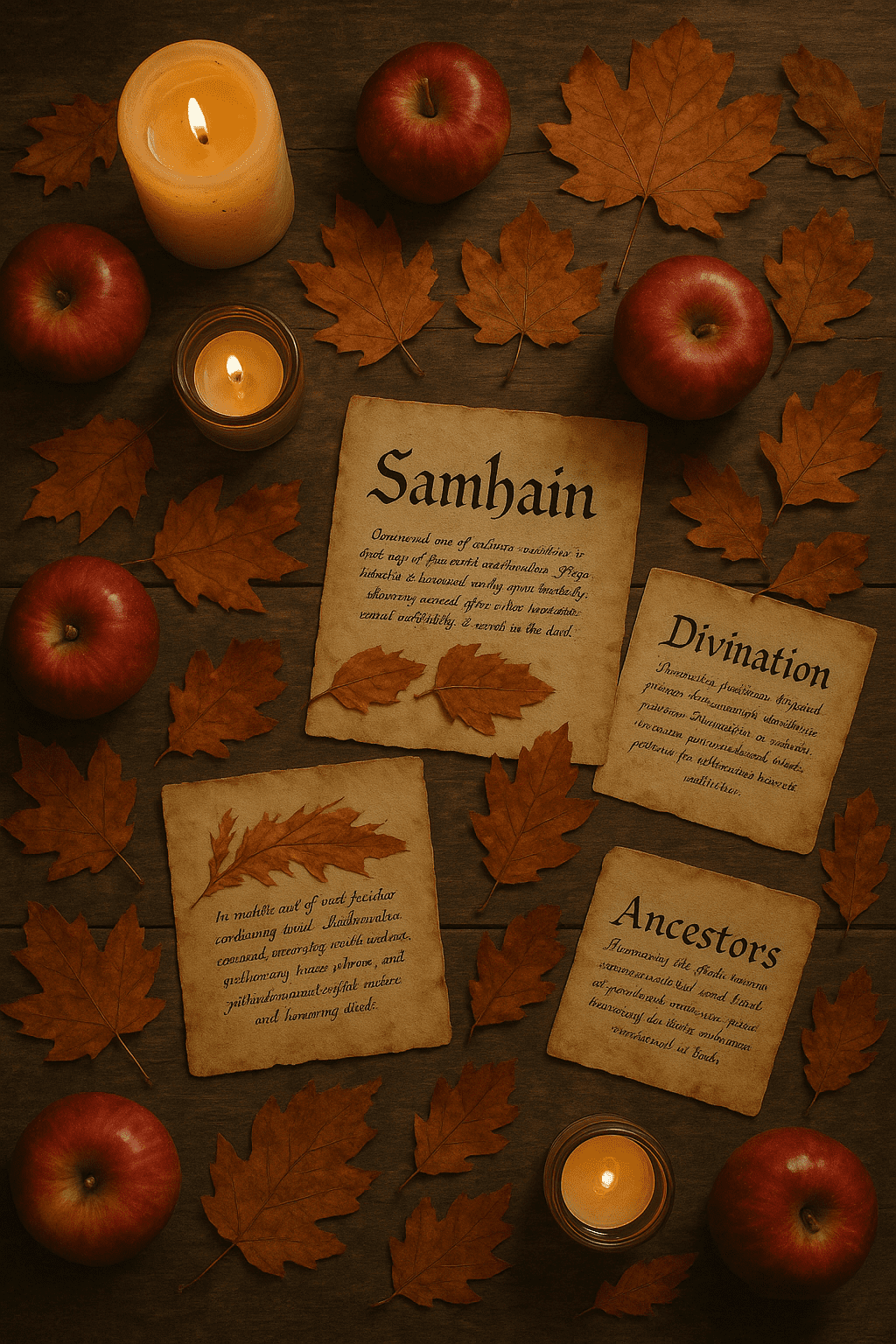 Flat lay of autumn leaves, candles, apples, and handwritten notes arranged on a wooden table as a simple Samhain altar, symbolizing gratitude, reflection, and ancestral honoring.