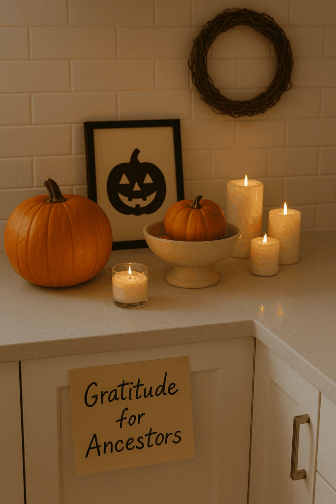 A modern kitchen decorated for Halloween with minimal décor—candles, small pumpkins, and a handwritten note reading “Gratitude for Ancestors”—showing a mindful way to honor the season’s spiritual roots.