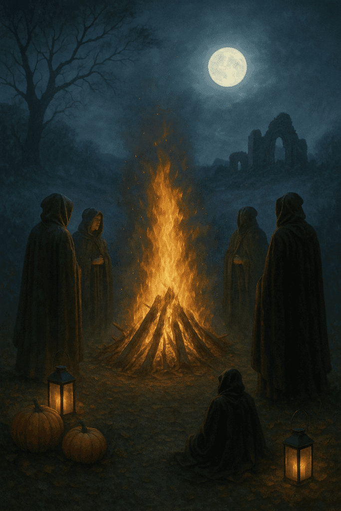 A group of cloaked figures gather around a glowing bonfire under a misty Celtic night sky, surrounded by pumpkins, lanterns, and full moonlight—symbolizing Samhain, the ancient spiritual origin of Halloween.
