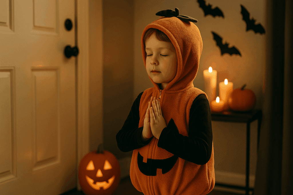A young child dressed in a soft pumpkin costume stands at the front door with eyes closed and hands together, taking calming breaths before trick-or-treating. Soft candlelight and pumpkins create a peaceful Halloween moment.
