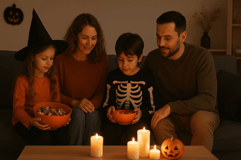 A family sits together on the couch surrounded by soft candlelight, warm décor, and candy bowls, enjoying a cozy Halloween night at home.