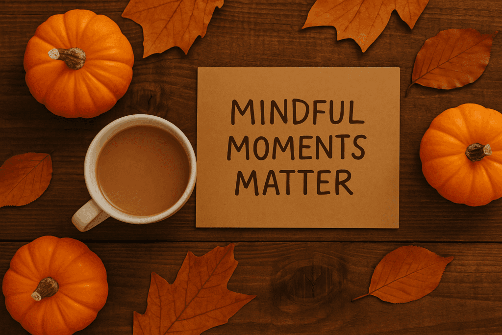 Flat lay of small pumpkins, autumn leaves, a mug of cocoa, and a handwritten note reading “Mindful Moments Matter” on a wooden table with warm tones.