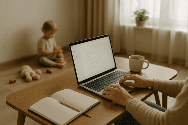 A warm, softly lit home workspace showing a mom typing on a laptop while her child plays nearby. A mix of coffee, notebooks, and toys reflects the balance of motherhood and content creation.