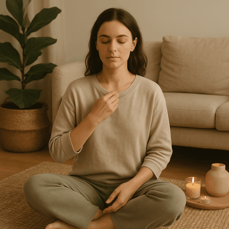 Woman sitting in a calm, softly lit living room, gently tapping her collarbone during an EFT session.