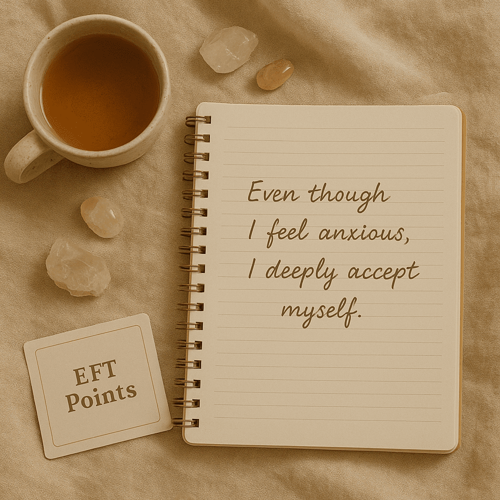Flat lay of a journal, crystals, and tea showing notes about EFT tapping points and affirmations.