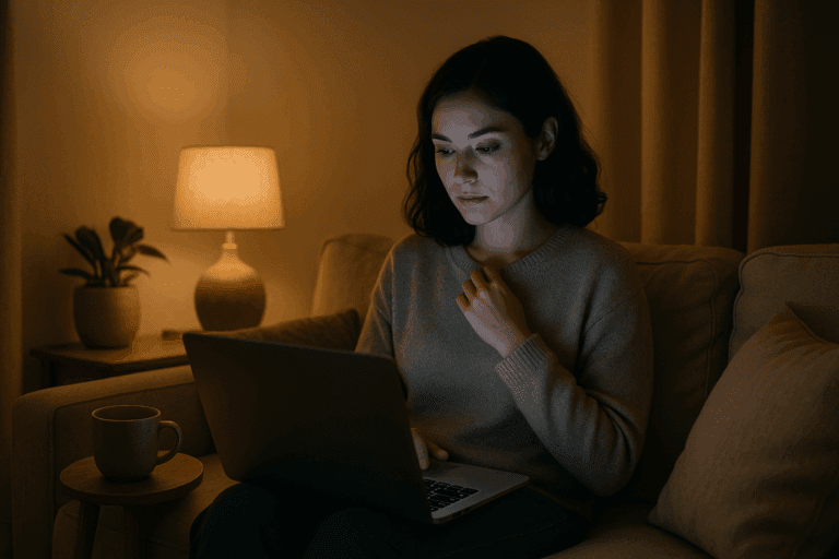 A woman sits in a softly lit living room at night, gazing at her laptop with a thoughtful expression. The glow from the screen highlights her face as she reflects on digital connection and emotional balance.