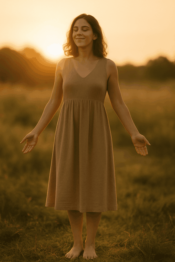 Woman grounding barefoot in nature at sunset.