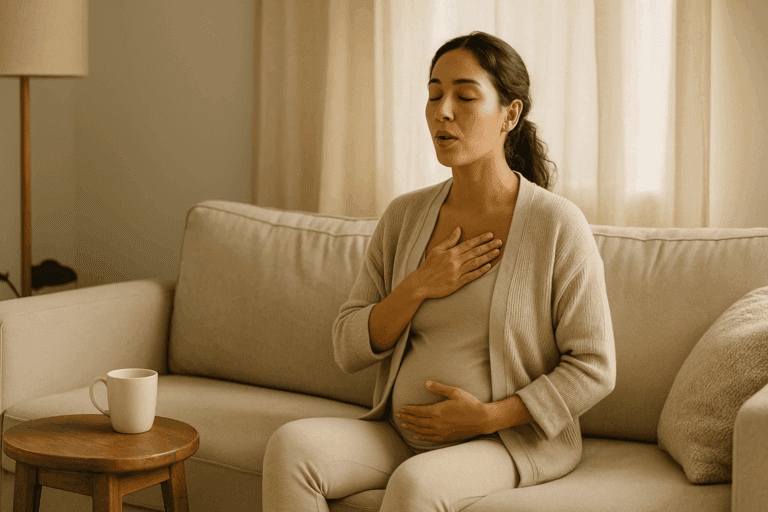 mom to be practicing a calm breathing routine