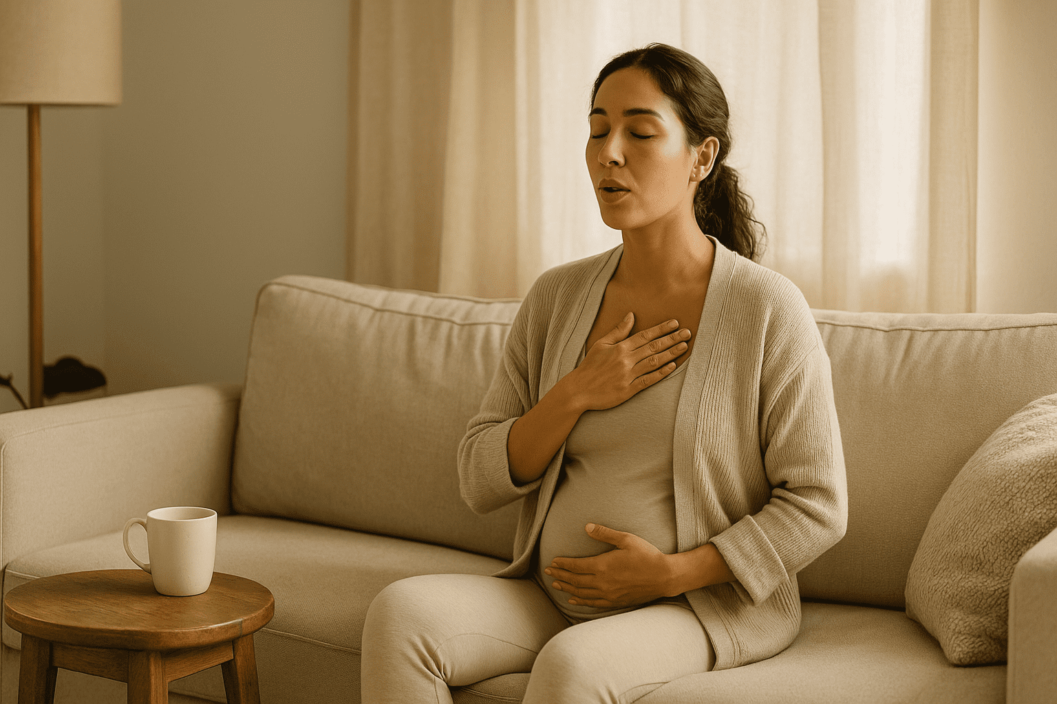 mom to be practicing a calm breathing routine