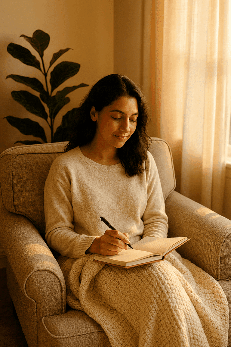 Mom journaling calmly in a cozy corner with soft light.