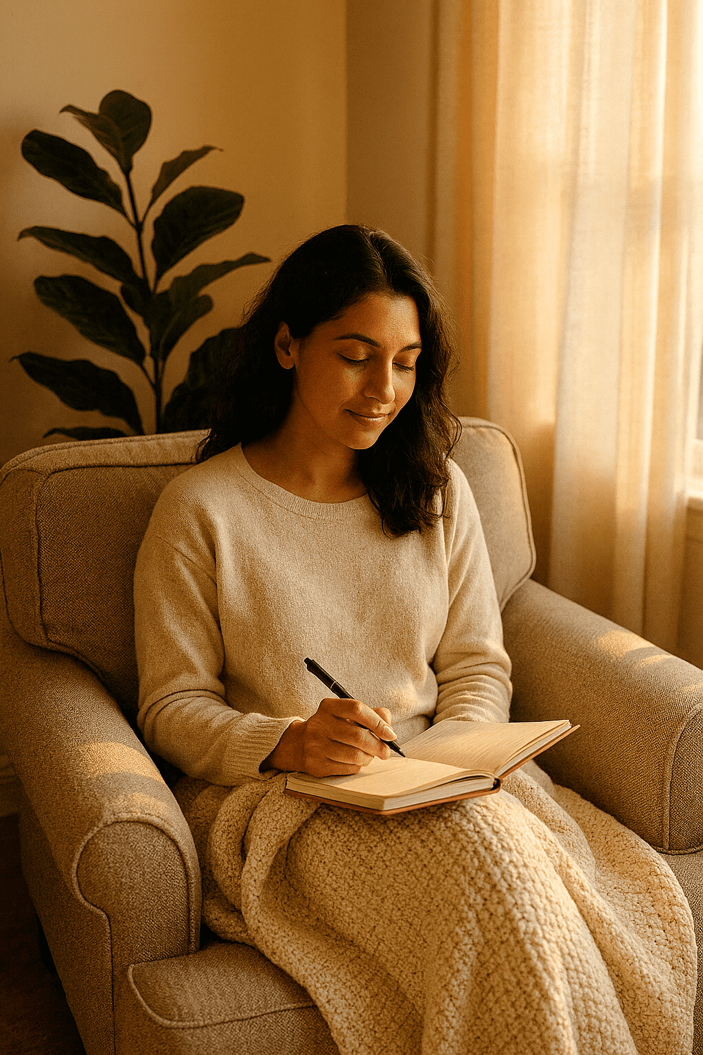 Mom journaling calmly in a cozy corner with soft light.
