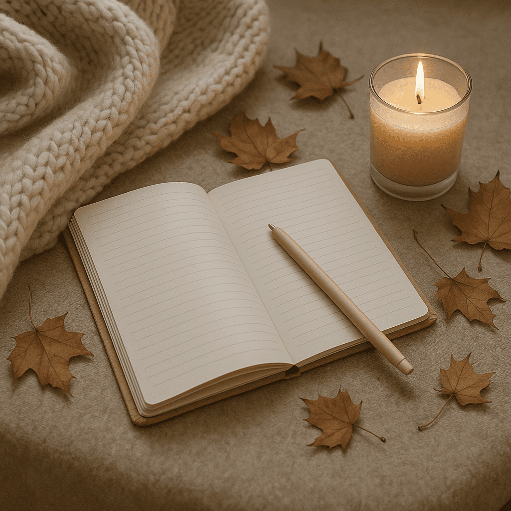 An open notebook and pen beside a glowing candle on a soft blanket with scattered autumn leaves, creating a calm and cozy reading nook.