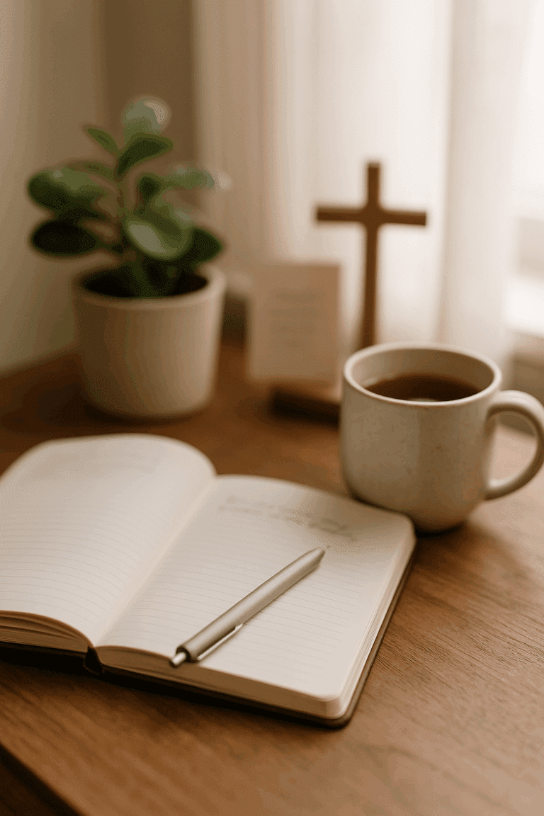 A peaceful morning scene featuring an open journal, a cup of tea, a small potted plant, and a softly lit wooden cross in the background. Gentle light filters through a curtain, creating a calm, faith-filled mood perfect for reflection and prayer.