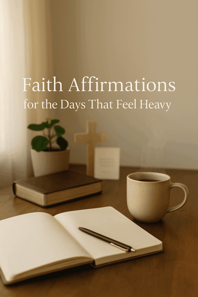 A softly lit wooden table with a Bible, open journal, cup of tea, and a small cross. Overlay text reads “Faith Affirmations for the Days That Feel Heavy.” The scene glows with natural light, creating a calm, cozy faith aesthetic.